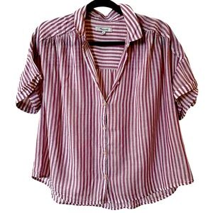Cute Madewell striped short-sleeved oversized shirt-Medium-Deep rose and white